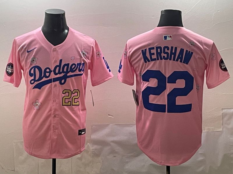 Men Los Angeles Dodgers #22 Kershaw Pink Sakura Edition 2025 Nike MLB Jersey style 2